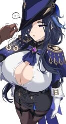 1girls blue_hair breasts clorinde_(genshin_impact) drogod_(artist) female fontaine genshin_impact gundere hi_res hips huge_breasts hypnosis large_breasts light-skinned_female light_skin long_hair mind_control purple_eyes simple_background solo thick_thighs thighs white_background wide_hips