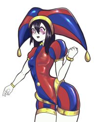 2023 2d 2d_(artwork) 2d_artwork artist_request big_thighs black_hair blush breasts female glitch_productions gloves gooseworx jester jester_cap jester_costume jester_girl jester_hat jester_outfit long_hair looking_to_the_side pomni pomni_(the_amazing_digital_circus) small_breasts the_amazing_digital_circus thick_thighs white_body