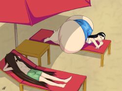 1boy 1girls ass_bigger_than_head ass_bigger_than_torso beach beach_chair beach_umbrella bikini black_hair enormous_ass glasses goodnotgreat growth_academy hair_over_eyes headband huge_ass hyper hyper_ass keisuke_hotsure long_hair luckyjack020 shiori_matsumoto tagme