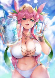 drinking duel_masters gigantic_breasts gijinka offering offering_drink offering_to_viewer painted_nails rafululu_love,_acoustic_dragon_elemental smile swimsuit text thick_thighs wide_hips