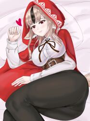 1girls ass big_ass breasts brown_hair cat_neko_cat1 cloak clothed clothed_female female female_only fire_emblem fire_emblem_fates large_breasts looking_at_viewer nintendo on_bed pants pantylines red_cape red_eyes solo velouria_(fire_emblem) wolf_girl