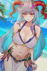 1girls alternate_costume armlet arms_at_sides beach bikini blue_hair blue_sky blush breasts cleavage cloud cowboy_shot curled_horns female female_only fire_emblem fire_emblem_heroes flower freyja_(fire_emblem) freyja_(summer)_(fire_emblem) goat_girl goat_horns grey_hair hair_ornament higher_resolution_available highres horizon horns jewelry large_breasts long_hair looking_at_viewer mature_female multicolored_hair navel nintendo official_alternate_costume pelvic_curtain red_eyes red_horns rotomdocs sideboob sky solo swimsuit twitter_username white_bikini white_swimsuit