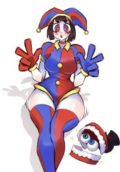 2023 2d 2d_(artwork) 2d_artwork blush breasts brown_hair caine_(the_amazing_digital_circus) female glitch_productions gloves gooseworx high_thighs jester jester_costume jester_hat jester_outfit looking_at_another looking_down medium_breasts mushuzero peace_sign pomni pomni_(the_amazing_digital_circus) short_hair tagme the_amazing_digital_circus thick_thighs white_body