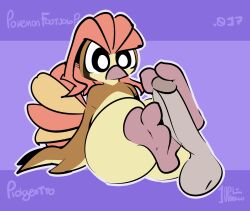 1-upclock 2023 2_toes ambiguous_gender anthro balls beak big_penis brown_body brown_feathers disembodied_penis duo english_text erection feathers feet feet_on_penis foot_fetish foot_play footjob generation_1_pokemon genitals grey_balls grey_penis hi_res looking_at_genitalia looking_at_penis male male/ambiguous multicolored_body multicolored_feathers nintendo number penis pidgeotto pokemon pokemon_(species) purple_background sex simple_background sitting soles talons text toes two-footed_footjob two_tone_body two_tone_feathers watermark