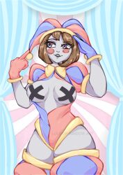 2023 2d 2d_(artwork) 2d_artwork artist_request big_thighs breasts brown_hair female glitch_productions gloves gooseworx jester jester_cap jester_costume jester_girl jester_hat jester_outfit looking_to_the_side nipples_covered pomni pomni_(the_amazing_digital_circus) short_hair small_breasts smiling the_amazing_digital_circus thick_thighs white_body
