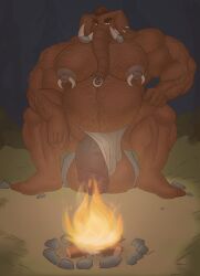 anthro balls big_balls brown_body campfire elephant elephantid flaccid gab_art genitals hi_res loincloth_only male male_only mammal musclegut muscular muscular_male nipple_piercing nipples piercing proboscidean solo tusks