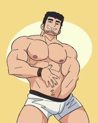 1boy 2023 bara barazoku beard_stubble black_hair bulge gay hairy_male hand_in_underwear looking_at_viewer lucas_lee male male_focus male_nipples male_only manly muscular_male nipples scott_pilgrim solo solo_male underwear zephleit