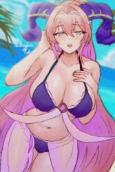 1girls alternate_costume beach bikini blue_sky blush breasts circlet cleavage cloud cowboy_shot curled_horns facing_viewer female fire_emblem fire_emblem_heroes goat_horns hair_ornament higher_resolution_available highres horizon horns jewelry large_breasts large_horns leaning_forward long_hair looking_at_viewer mature_female multicolored_hair navel nerthuz_(fire_emblem) ocean outdoors palm_tree pink_hair purple_bikini purple_eyes purple_hair purple_horns rotomdocs sand sarong see-through_sarong shore sky smile solo solo_female swimsuit tree two-tone_hair very_long_hair water