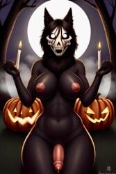 ai_generated anthro breasts candles canine_penis dickgirl foggy forest_background frosting.ai futa_only futanari jack-o'-lantern mal0 mal0_futanari_(scp-1471) malo moon neck_tuft nipples precum pumpkin scp-1471 scp-1471-a scp_foundation self_upload weedvee420