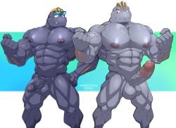 abs balls biceps duo eyewear eyewear_on_head flint_steel gay generation_1_pokemon genitals hi_res humanoid machoke maldu male male/male male_only muscular muscular_humanoid muscular_male muscular_thighs nintendo pecs penis pokemon pokemon_(species) ryuji_kaiyo sunglasses sunglasses_on_head vein veiny_muscles veiny_penis