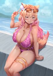 1girls beach big_breasts bikini breasts_bigger_than_head curecycadura fate/grand_order fate_(series) fox_girl huge_breasts peace_sign suzuka_gozen_(fate) suzuka_gozen_(swimsuit_rider)_(fate) swimsuit tagme