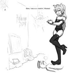 1boy 1boy1girl 1female 1girls 1male arm_band arm_bands arm_bracelets black_and_white boots bowsette celera_prime choker clothing crown english_text female female_dominating_male female_domination female_focus femdom high_heel_boots high_heels horns indoors male mario mario_(series) monochrome moustache new_super_mario_bros._u_deluxe nintendo nintendo_switch ponytail pun stepped_on super_mario_bros. text thigh_boots thighhigh_boots thighhighs thighs trample trampling