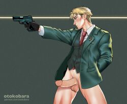 1boy aroused balls blonde_hair blue_eyes erect_penis erection gay gloves gun half-dressed half_naked human human_only jacket loid_forger male male/male male_only naked naked_male nude nude_male otokobara penis shirt spy_x_family tie vein veins veiny veiny_muscles veiny_penis vest weapon