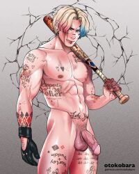 1boy abs balls baseball_bat biceps blonde_hair blood blue_eyes chest dc dc_comics earrings genderbend genderbent gloves harley_quinn male_focus male_only nipples otokobara pecs pectorals penis pierced_lip piercing pubic_hair pubic_tattoo rule_63 tattoo tattoo_on_arm tattoo_on_belly tattoo_on_chest tattoo_on_legs tattooed_arm tattoos triceps vein veins veiny_muscles veiny_penis