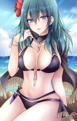 1girls :d alternate_costume bikini black_bikini black_cape black_swimsuit blue_eyes blue_hair blue_sky breasts byleth_(fire_emblem) byleth_(fire_emblem)_(female) byleth_(summer)_(fire_emblem)_(female) cape cloud commentary_request dagger day female female_only fire_emblem fire_emblem:_three_houses fire_emblem_heroes flower hair_flower hair_ornament highres kirishima_riona knife large_breasts long_hair looking_at_viewer navel nintendo official_alternate_costume open_mouth red_flower sitting sky smile solo stomach swimsuit thighs weapon