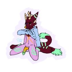 2_tails anthro azariah_(korsu) balls blue_clothing blue_hoodie blue_topwear blush bottomless bottomless_male clothed clothing digital_media_(artwork) erection frostiipawps fur genitals green_markings hand_on_chest hoodie knot korsu male markings multi_tail partially_clothed penis pink_body pink_fur red_body red_fur sitting sitting_on_ground solo tail topwear wings