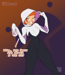 1girls ben_10 cartoon_network cosplay costume crossover crossover_cosplay dialogue evil_raccoon female green_eyes gwen_tennyson marvel marvel_comics mask medium_breasts orange_hair red_hair seductive seductive_smile short_hair solo sony_pictures_animation spider-gwen_(cosplay) spider-man:_into_the_spider-verse spider-man_(series) tight_clothing white_body white_skin