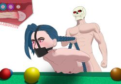 1boy 1boy1girl 1girls balls blue_hair bondage braid color cum cum_in_pussy cum_inside gag gagged jinx_(league_of_legends) larostin larostin_802-a league_of_legends muscular muscular_male object_in_ass object_insertion pink_eyes pool_table red_eyes skull small_breasts white_background white_body x-ray