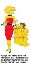 1girls 3boys aged_up bart_simpson bound_arms brother_and_sister cigarette clothed_female_nude_male collar cum_on_penis dominatrix drooling erection female human incest kneeling lisa_simpson male malesub milhouse_van_houten nelson_muntz nude_male the_simpsons tongue_out whip yellow_body