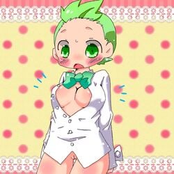 1:1 artist_request beige_skin blush bottomless bowtie breasts cilan_(pokemon) clothes color female female_only front_view green_eyes green_hair hair human looking_at_viewer open_clothes open_eyes open_mouth pokemon pokemon_bw round_ears rule_63 short_hair solo vulva