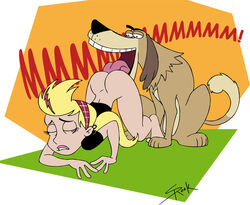 1boy 1boy1girl 1girls blonde_hair bottomless canine cartoon_network dukey female human_on_feral johnny_test_(series) licking male/female selrock sissy_blakely zoophilia