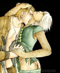 2boys anders_(dragon_age) clothing color dragon_age dragon_age_2 dragon_age_awakening elf fenris_(dragon_age) gay human kissing male male_only multiple_males tagme tattoo tattoos undressing watermark white_hair yaoi yellow_hair yukian