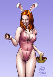 1girls amy_pond basket bunny_ear bunny_girl bunny_suit bunnysuit chocolate companion_(doctor_who) doctor_who easter female female_only karen_gillan oni_(artist) orange_hair solo solo_female