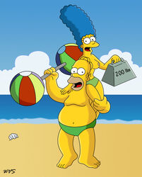 beach blue_hair breasts carrying color day female front_view hair homer_simpson human male marge_simpson nipples outdoors tagme the_simpsons topless wvs yellow_skin