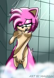 5_fingers amy_rose anthro beige_skin black_nose breasts color eyelashes female female_only fingering front_view fur furry furry_ears green_eyes hair hand_on_breast hedgehog indoors magnum3000 masturbation nipples nude open_mouth pink_fur pink_hair pink_nipples png pointy_ears short_hair shower solo solo_female sonic_(series) standing steam water wet wince