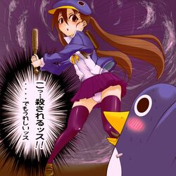 ascot baseball_bat baseball_cap blush brown_eyes brown_hair disgaea disgaea_4 fuka_kazamatsuri jacket nippon_ichi_software panties penguin prinny serafuku shoes skirt stockings twintails