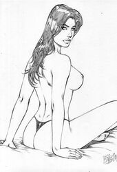 1girls ass big_breasts black_and_white breasts dc dc_comics fabio female female_only long_hair looking_back mary_batson mary_marvel no_bra shazam_(series) sitting solo superheroine tagme thong topless