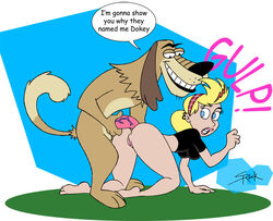 1boy 1girls anal anal_sex anthro ass blonde_hair blue_eyes bottomless breasts brown_fur canine cartoon_network dog dukey furry human human_on_anthro interspecies johnny_test_(series) looking_back paws penis pussy selrock sex shirt sissy_blakely tail text veins veiny_penis zoophilia