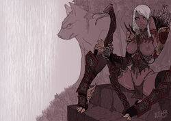 bow dragon_age_origins elf eskar even_skaranger female grey_warden lyna_mahariel skimpy_clothes tagme topless white_hair