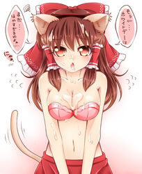 1girls animal_ears blush bow bra breasts brown_hair cat_ears cat_tail cleavage cum cum_on_body cum_on_breasts cum_on_upper_body facial female female_only hair_tubes hairbow haruki_5050 heart heart-shaped_pupils kemonomimi long_hair looking_at_viewer open_mouth reimu_hakurei solo squiggle straight tail text touhou translated underwear v_arms