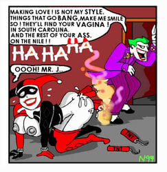 1990s 1999 1boy 1girls 20th_century batman:_the_animated_series batman_(series) big_breasts breasts dc dc_comics dcau dialogue dynamite female harley_quinn harley_quinn_(classic) human joker male necron99 nipples object_in_ass object_in_pussy pale_skin speech_bubble straight the_joker what