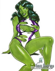 1girls 2011 amos_madruga avengers big_breasts breasts erect_nipples_under_clothes female female_only green_hair green_skin hulk_(series) judasart leotard marvel marvel_comics nipple_bulge nipples pokies she-hulk solo superheroine torn_clothing