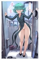 1girls black_dress blush bottomwear clothing color dress female female_only flat_chested green_eyes green_hair hips looking_at_viewer mogudan mound_of_venus one-punch_man panties pelvic_curtain pelvic_curtain_aside short_hair small_breasts solo tatsumaki thick_thighs thighs thong white_thong wide_hips