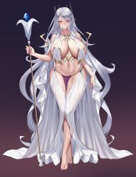 absurd_res bangs breast_curtains breasts cleavage elf feng_mouren full_body highres huge_breasts long_hair looking_at_viewer navel original pelvic_curtain pointy_ears red_eyes revealing_clothes silver_hair solo staff thick_thighs