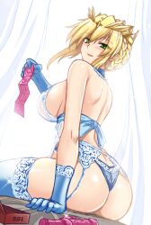 1girls artoria_pendragon artoria_pendragon_(lancer) ass blonde_hair blue_lingerie blue_negligee blue_panties braided_bun breasts condom_packet_strip crown curtains fate/grand_order fate_(series) garter_belt garter_straps gloves green_eyes hair_bun hellandheaven holding_condom_packet_strip large_breasts lingerie looking_at_viewer negligee panties thighhighs vibrator