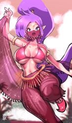 1girls armlets blue_eyes bra breasts circlet harem_outfit kenron_toqueen large_breasts looking_at_viewer midriff mouth_veil navel pants ponytail purple_hair red_bra red_pants shantae shantae_(character) veil