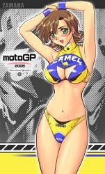 1girls advertisement bikini blue_bikini blue_swimsuit breasts brown_hair cleavage clothing_cutout earrings female female_only fully_clothed green_eyes large_breasts looking_at_viewer midriff moto_gp multicolored_bikini multicolored_swimsuit navel original r1 race_queen revealing_clothes shiny_clothes short_hair swimsuit text_on_clothing wristband yellow_bikini yellow_swimsuit