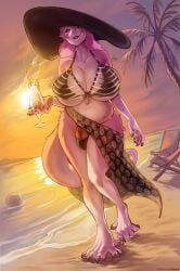 absurd_res anthro barely_contained barely_contained_penis beach beverage big_breasts black_sclera breasts clothing fur furlana futanari genitals gynomorph hair hat headgear headwear hi_res holding_beverage holding_object huge_breasts intersex kristoph_wulphenstein penis pink_body pink_fur seaside sergal smile solo sun_hat tail tuft white_body white_fur