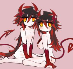 1boy 1girls ass ass black_hair breasts colored_skin completely_nude demon demon_boy demon_girl demon_horns demon_tail funamusea genderswap_(mtf) horn horns ivlin ivlis large_breasts looking_at_viewer nipples rule_63 selfcest tail the_gray_garden vyrasyte white_skin yellow_eyes