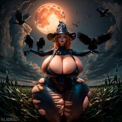 ai_generated big_breasts big_hips breasts breasts_bigger_than_head cleavage cornfield crow hips hips_wider_than_shoulders huge_breasts huge_hips iladiesart large_breasts large_hips massive_breasts scarecrow tagme wide_hips