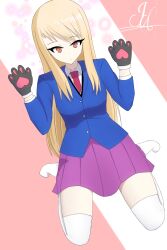 artist_request artist_signature blonde_female blonde_hair blue_topwear brown_eyes cat_paws highres kneeling miniskirt non-web_source nyan purple_skirt sakura-sou_no_pet_na_kanojo school_uniform shiina_mashiro white_socks