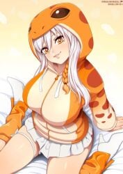 female female_focus huge_breasts kneeling light-skinned_female light_skin long_hair looking_at_viewer neocoill orange_clothing orange_eyes orange_hoodie orange_legwear orange_sweater original original_character solo_focus sweater w-sitting w_sitting white_eyebrows white_hair white_high_heels white_high_heels_boots white_skirt