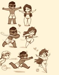 :d adam_hunter axel_stone bikini blaze_fielding breasts chasing chibi female hanji_baby male monochrome sega shorts smile streets_of_rage swimming_trunks topless topless_female