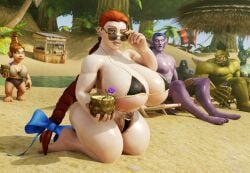 3d 3d_(artwork) adjusting_eyewear adjusting_glasses adjusting_sunglasses bakaras beach bikini braid braided_hair dwarf dwarf_(warcraft) dwarf_female female_focus freckles freckles_on_breasts gnome_(warcraft) green_eyes holding_drink holding_object huge_breasts huge_thighs looking_over_eyewear looking_over_glasses looking_over_sunglasses night_elf orc_(warcraft) pale_skin pubic_hair pubic_hair_peek red_hair sunglasses tinted_eyewear warcraft world_of_warcraft