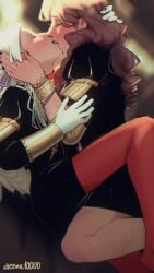 2girls bare_legs black_nails blurry blurry_background blush bracelet brown_hair closed_eyes diezmil10000 dorothea_arnault edelgard_von_hresvelg female female_only fire_emblem fire_emblem:_three_houses french_kiss garreg_mach_monastery_uniform gloves hair_ribbon hand_on_another's_head highres jewelry kissing multiple_girls nail_polish nintendo pantyhose purple_ribbon red_pantyhose ribbon tongue tongue_out white_gloves white_hair yuri