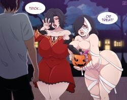 2girls big_breasts cinder_fall condom_wrapper dildo furanh furia_(furanh) goth goth_girl halloween halloween_costume huge_ass huge_breasts lipstick multiple_girls mummy_costume oc original pumpkin rwby tagme tagme_(character) thick thick_ass thick_thighs trick_or_treat voluptuous wide_hips